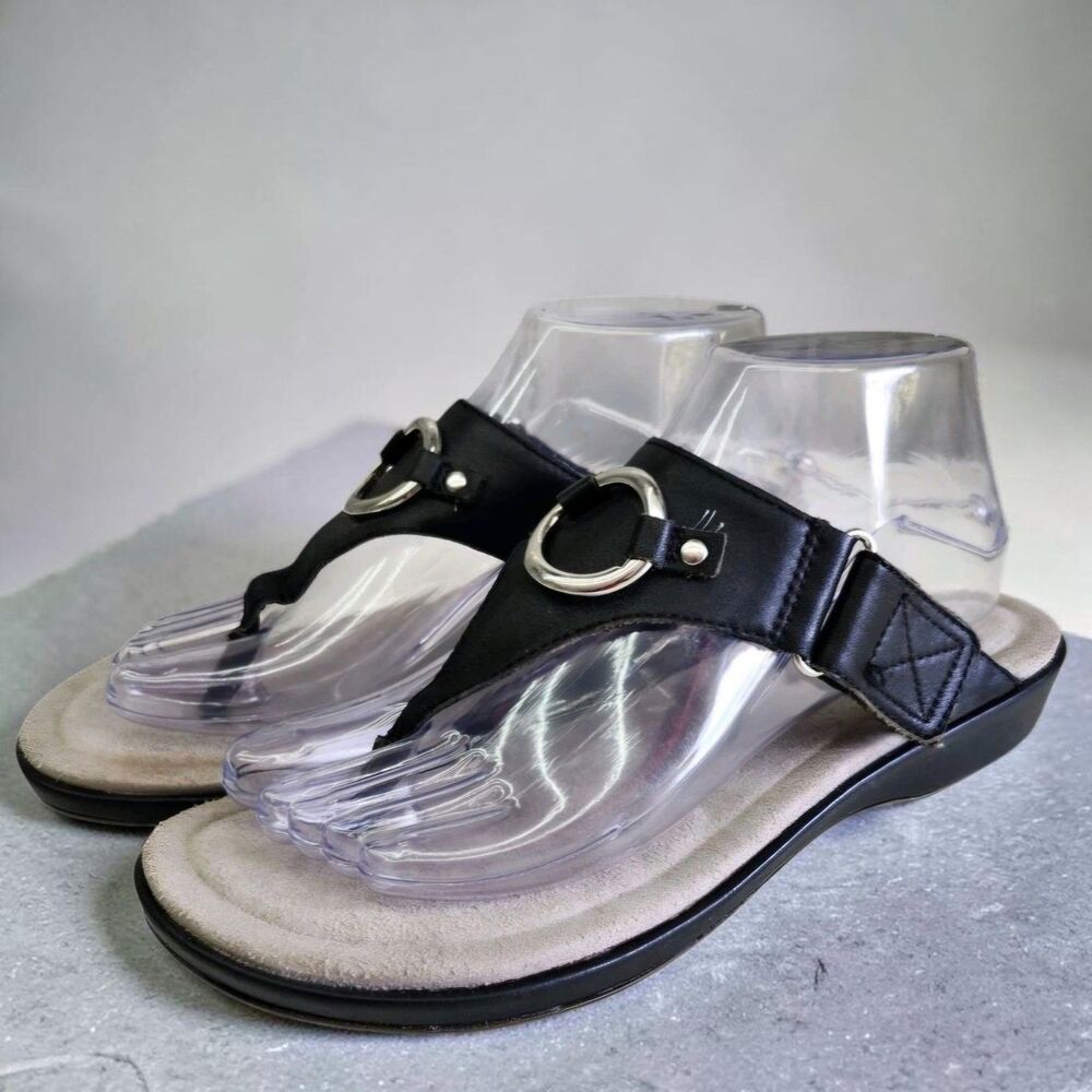 Ariat Poolside Thong Sandals Womens 9B Black Leather Silver Rings Slip On Casual